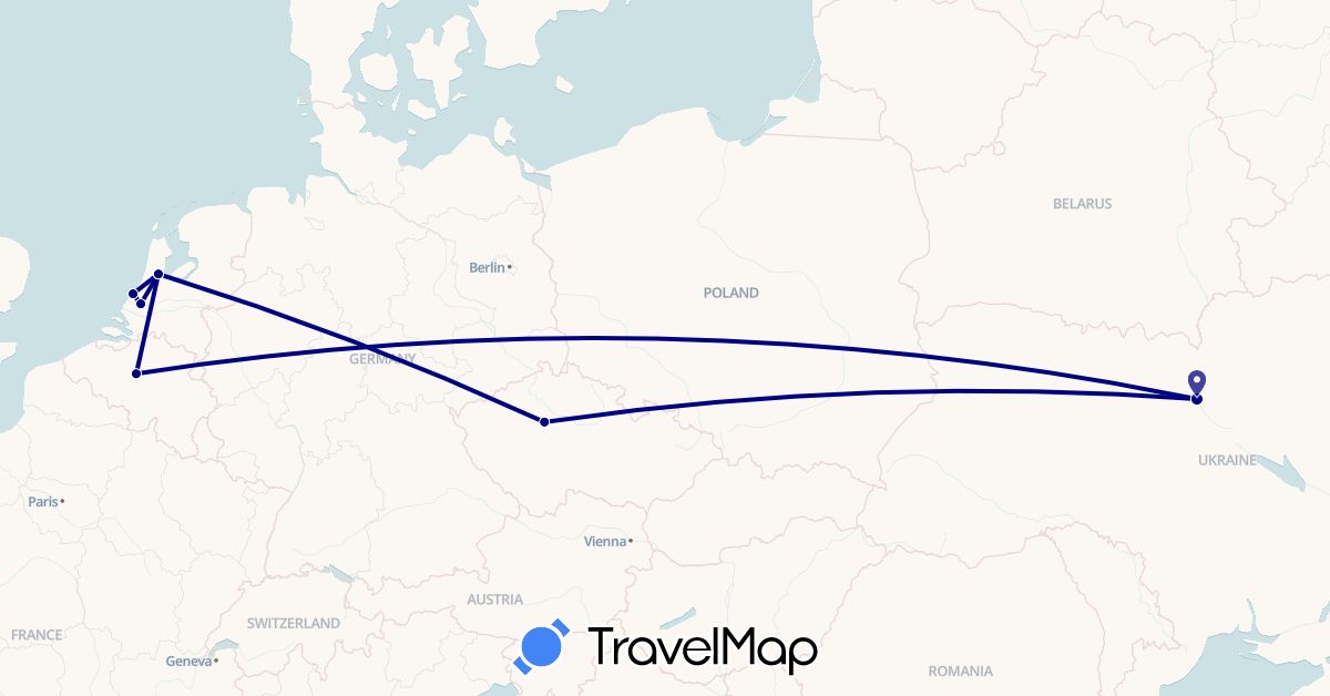 TravelMap itinerary: driving in Belgium, Czech Republic, Netherlands, Ukraine (Europe)